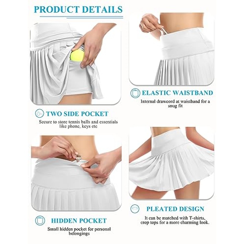 DERCA 플리츠 테니스 스커트 여성용 포켓 반바지 운동용 골프 스커트 운동 스포츠 액티브웨어 Skort