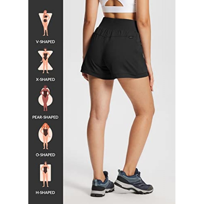 BALEAF 여성용 하이킹 운동용 반바지 퀵 드라이 A 라인 하이 웨이스트 캐주얼 요가 활성 운동 주머니가 있는 러닝 반바지