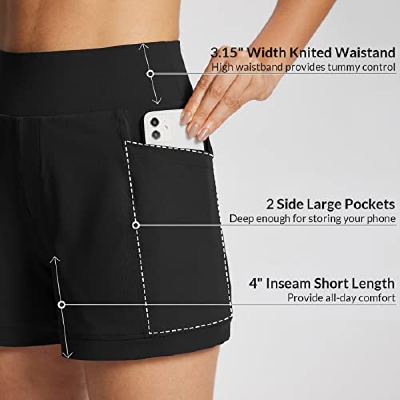 BALEAF 여성용 하이킹 운동용 반바지 퀵 드라이 A 라인 하이 웨이스트 캐주얼 요가 활성 운동 주머니가 있는 러닝 반바지