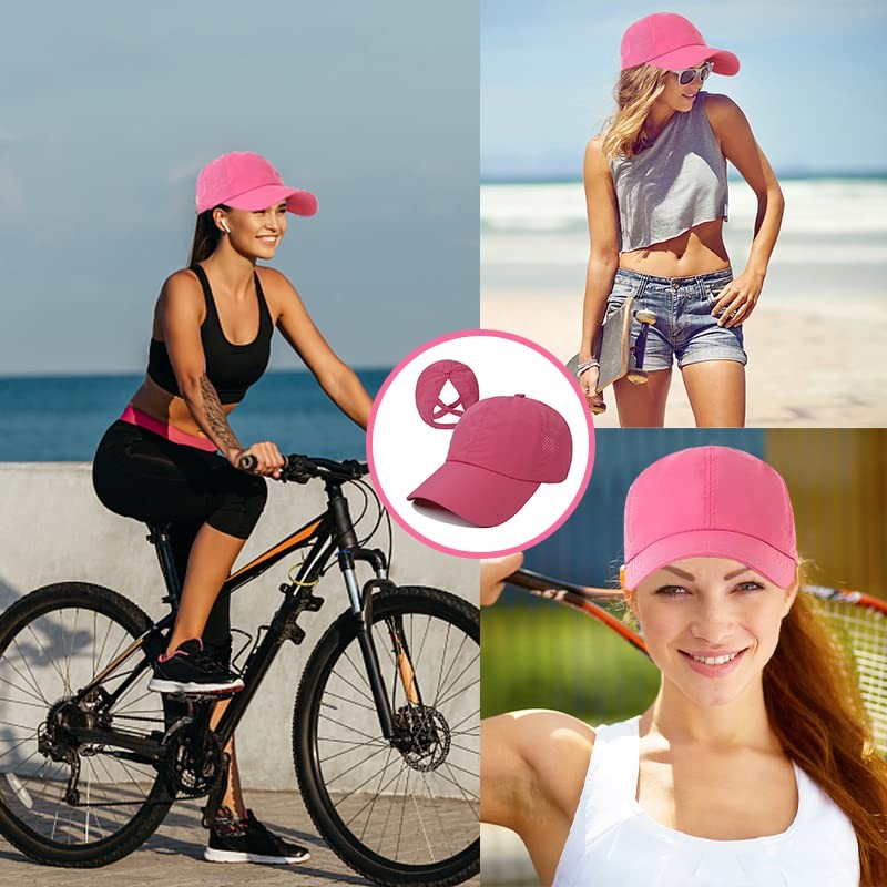 여자 포니테일 모자 야구 모자, 조정 가능한 크리스 크로스 야구 모자 하이 롤빵 남여 빠른 건조 트럭 모자