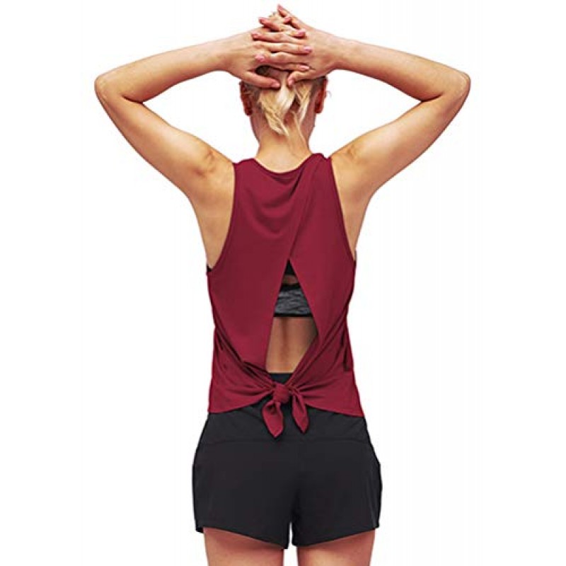 Mippo 오픈 백 운동 탑 여성용 등이없는 셔츠 타이 백 탱크 탑