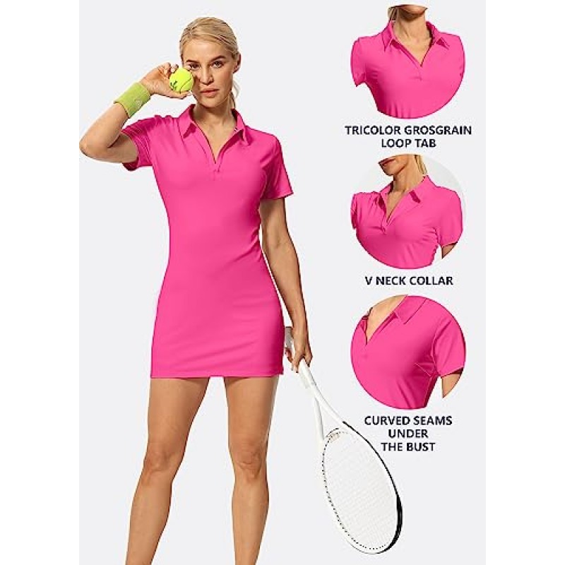 Hiverlay 여성 골프 폴로 드레스 반바지와 주머니 짧은 소매 V 넥 칼라 테니스 드레스 숙녀 운동 드레스