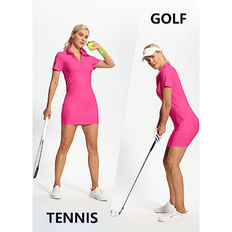 Hiverlay 여성 골프 폴로 드레스 반바지와 주머니 짧은 소매 V 넥 칼라 테니스 드레스 숙녀 운동 드레스