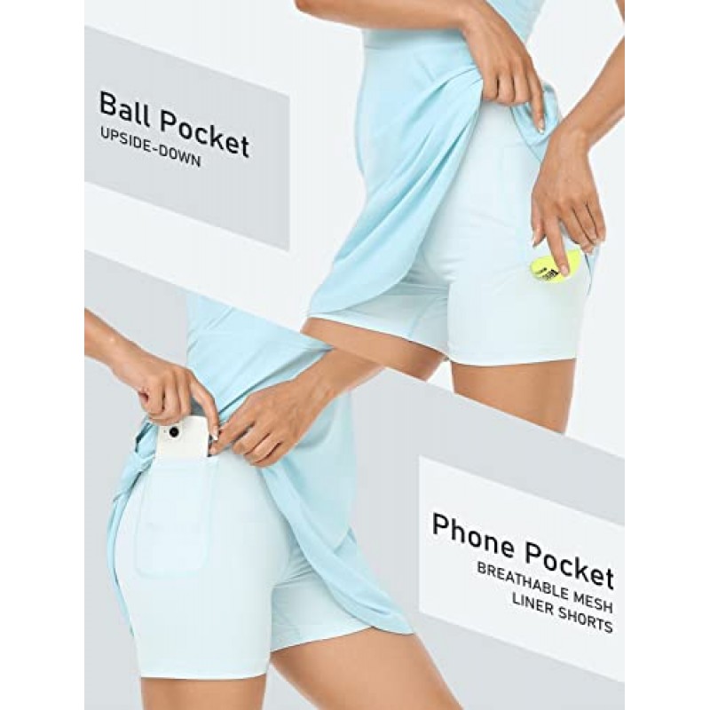 MoFiz 테니스 드레스 여성용 민소매 골프 드레스 내장 반바지와 4개의 포켓 크루넥 운동 운동 드레스