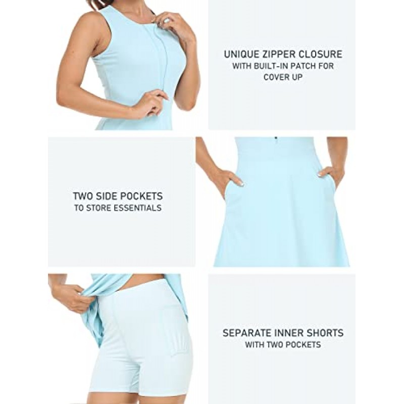 MoFiz 테니스 드레스 여성용 민소매 골프 드레스 내장 반바지와 4개의 포켓 크루넥 운동 운동 드레스