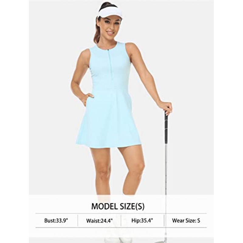 MoFiz 테니스 드레스 여성용 민소매 골프 드레스 내장 반바지와 4개의 포켓 크루넥 운동 운동 드레스