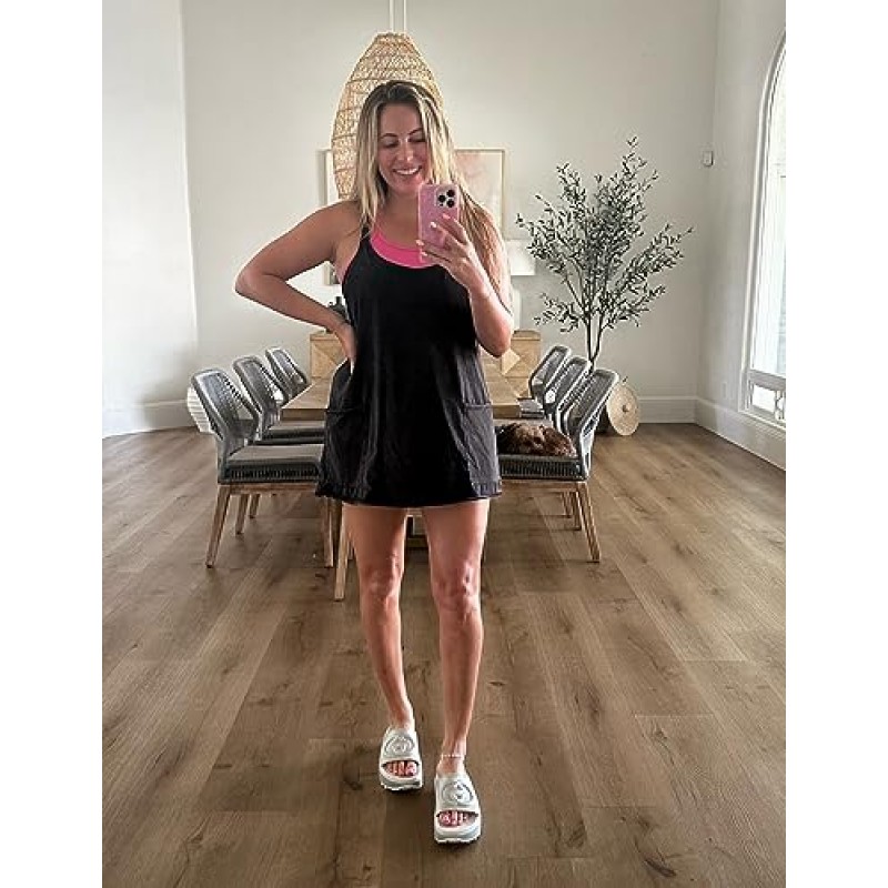 TIQOJE 여성용 민소매 운동용 미니 드레스(반바지 내장) 스파게티 스트랩 골프 드레스