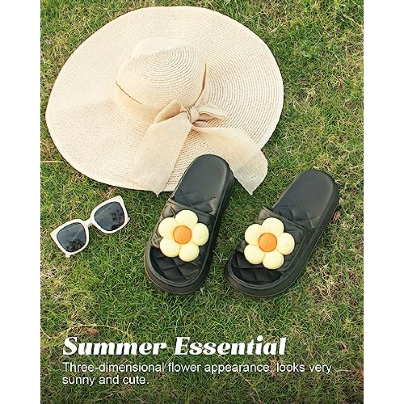 SUMMERJOY 여성을위한 매우 두꺼운 구름 꽃 슬리퍼, 미끄럼 방지 스파 체육관 골프 슬리퍼 야외 블랙 버블 슬라이드, 부드러운 베개 하우스 슬리퍼 샌들 여성 남성을위한 구름 슬리퍼