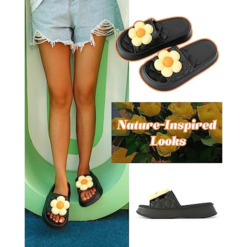 SUMMERJOY 여성을위한 매우 두꺼운 구름 꽃 슬리퍼, 미끄럼 방지 스파 체육관 골프 슬리퍼 야외 블랙 버블 슬라이드, 부드러운 베개 하우스 슬리퍼 샌들 여성 남성을위한 구름 슬리퍼