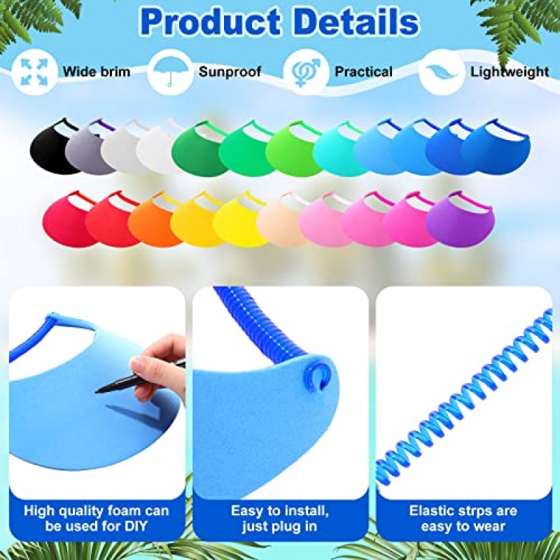 22 Pcs 여성용 조정 가능한 썬 바이저 골프 테니스 썬 바이저 모자 탄성 폼 바이저 여성용 여성용 남성용 야외, 22 단색