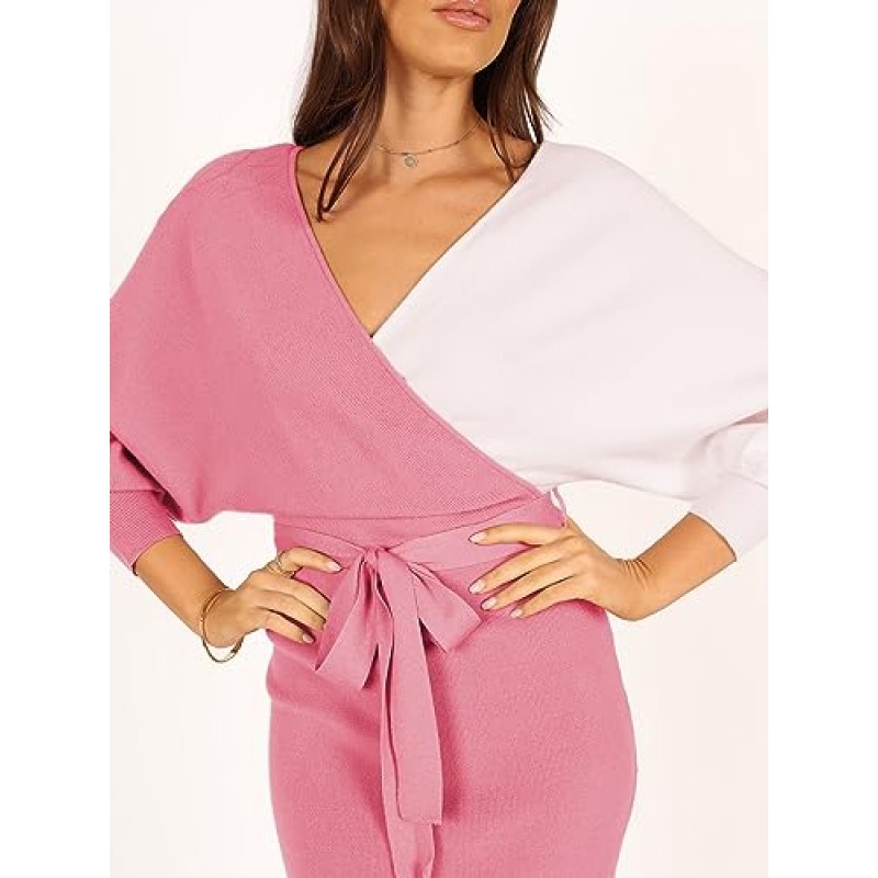 Theenkoln 여성용 랩 스웨터 드레스: 대비색 긴 배트윙 슬리브 V 넥 Bodycon 니트 겨울 미디 드레스(벨트 포함)