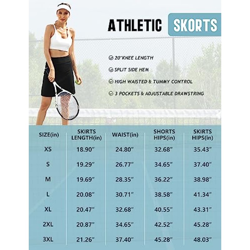 LouKeith 20' 무릎 길이 Skorts 스커트 여성용 테니스 스커트 운동용 골프 Skorts 반바지 주머니가 있는 캐주얼 운동 스커트