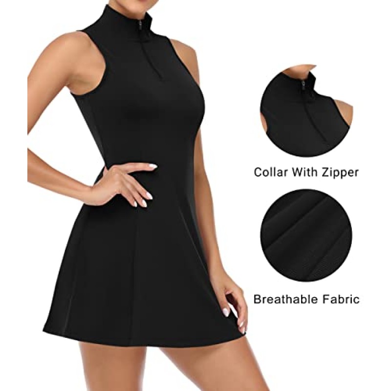 JAFINSY 여성용 운동용 테니스 복장(반바지 및 주머니 포함) - 골프용 민소매 스탠드 칼라 디자인