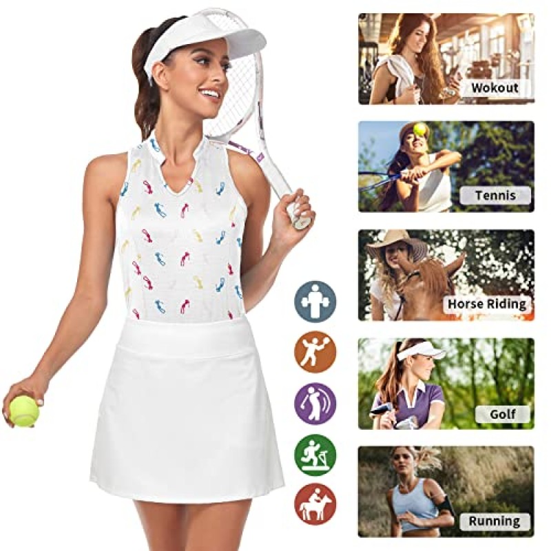 Soneven 여성용 민소매 골프 셔츠 프린트 모이스처 위킹 V 넥 골프 폴로 셔츠 Racerback 골프 탱크 탑