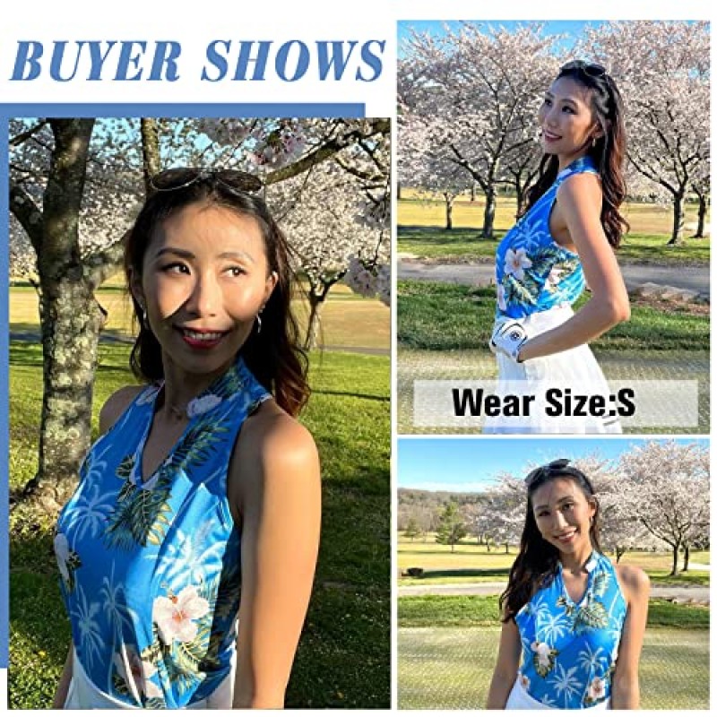 Soneven 여성용 민소매 골프 셔츠 프린트 모이스처 위킹 V 넥 골프 폴로 셔츠 Racerback 골프 탱크 탑