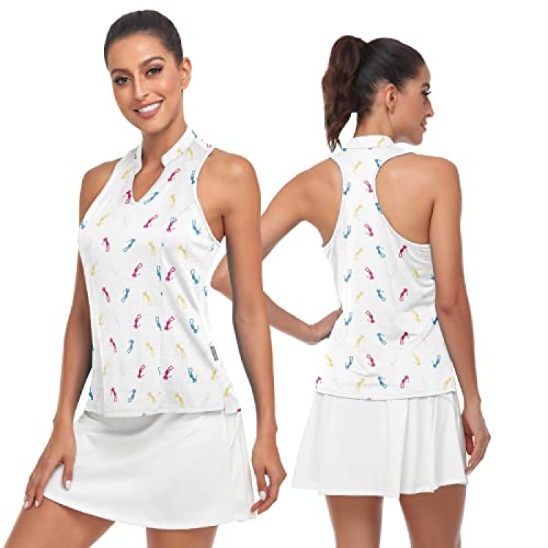 Soneven 여성용 민소매 골프 셔츠 프린트 모이스처 위킹 V 넥 골프 폴로 셔츠 Racerback 골프 탱크 탑