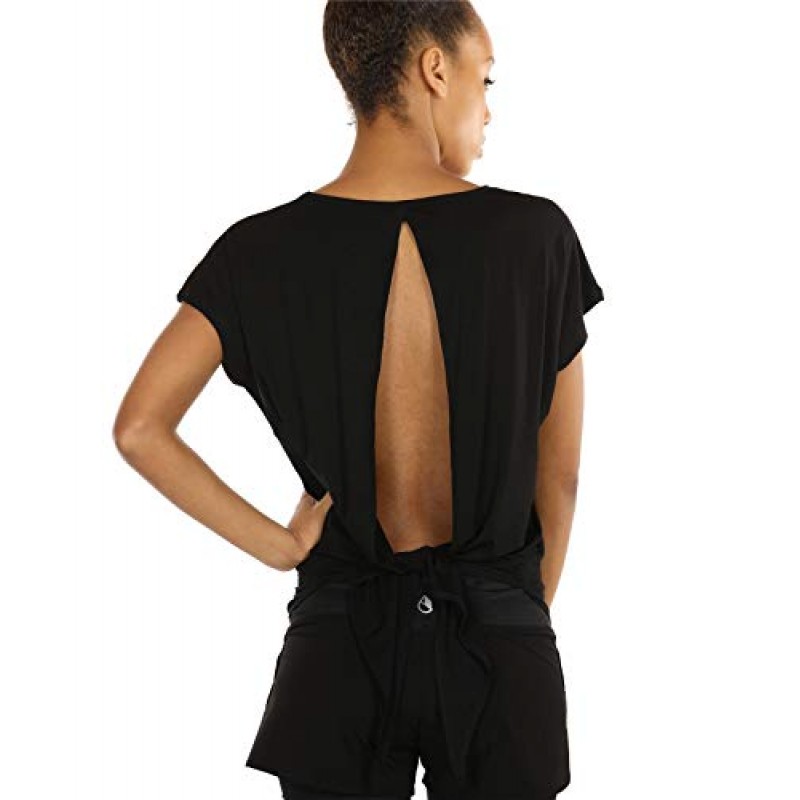 icyzone 여성용 오픈 백 워크아웃 탑 - 운동용 액티브웨어 티셔츠 운동용 요가 셔츠(2개 팩)