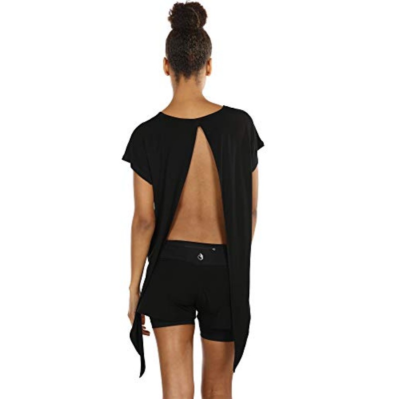 icyzone 여성용 오픈 백 워크아웃 탑 - 운동용 액티브웨어 티셔츠 운동용 요가 셔츠(2개 팩)