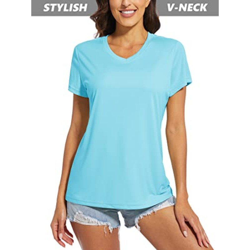 MAGCOMSEN 여성용 티셔츠 v 넥 반팔 UPF 50+ 자외선 차단 성능 빠른 건조 운동 운동 셔츠 티셔츠