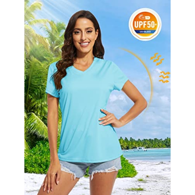 MAGCOMSEN 여성용 티셔츠 v 넥 반팔 UPF 50+ 자외선 차단 성능 빠른 건조 운동 운동 셔츠 티셔츠