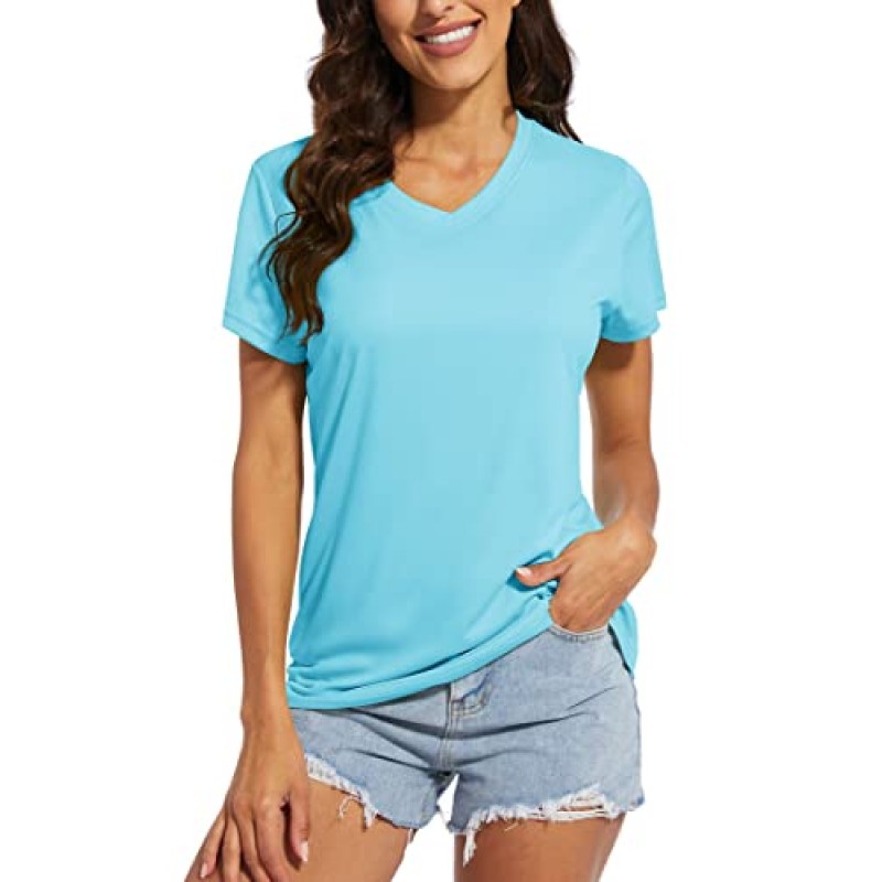 MAGCOMSEN 여성용 티셔츠 v 넥 반팔 UPF 50+ 자외선 차단 성능 빠른 건조 운동 운동 셔츠 티셔츠