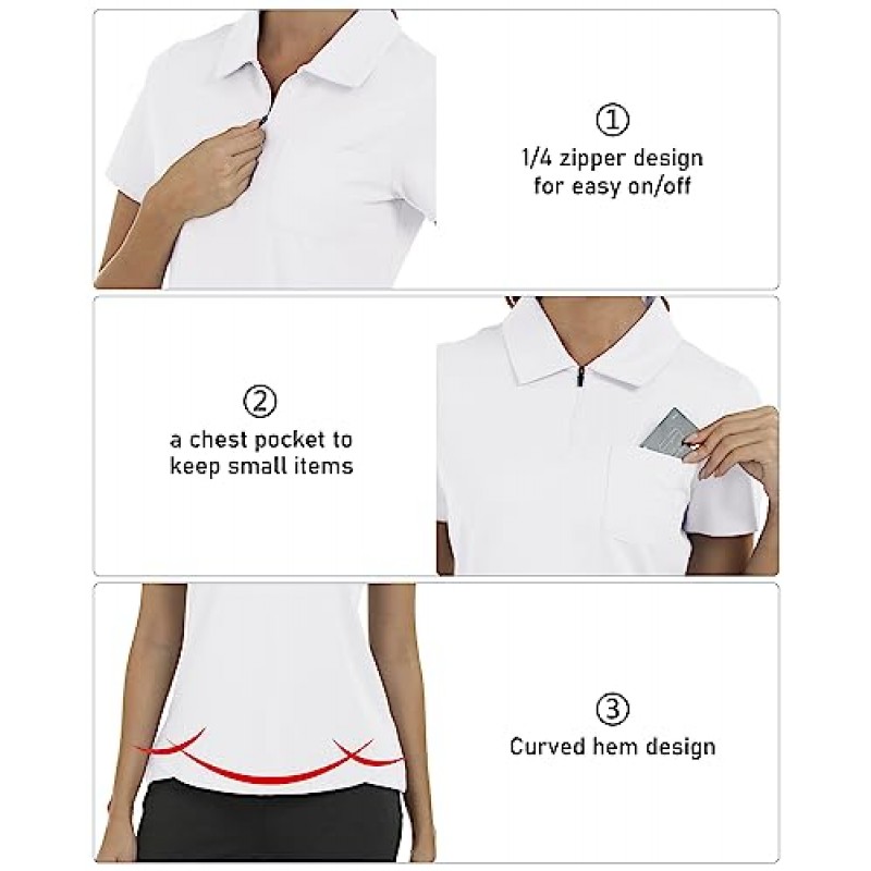 MoFiz 여성용 폴로 셔츠 포켓이 있는 반팔 모이스처 위킹 골프 셔츠 Quick Dry Collared 1/4 지퍼 테니스 셔츠