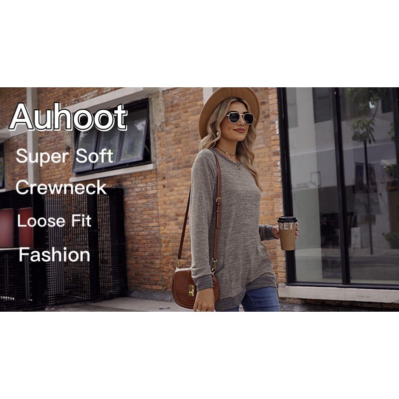 Auhoot Womens 긴 소매 포켓 튜닉 셔츠 라운드 넥 캐주얼 블라우스 레깅스 용 하이 로우 사이드 스플릿 탑