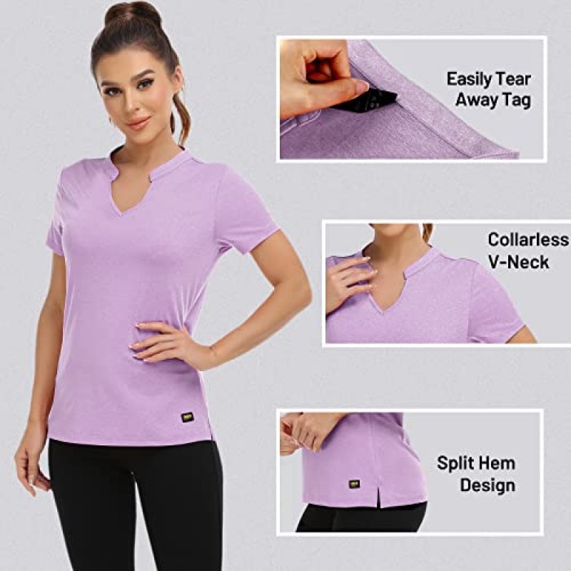 MIER 여성용 노칼라 폴로 셔츠 테니스, 운동용, 경량 V 넥 폴로 티셔츠용 빠른 건조 반팔 골프 셔츠