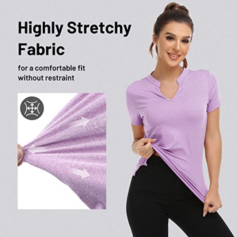 MIER 여성용 노칼라 폴로 셔츠 테니스, 운동용, 경량 V 넥 폴로 티셔츠용 빠른 건조 반팔 골프 셔츠