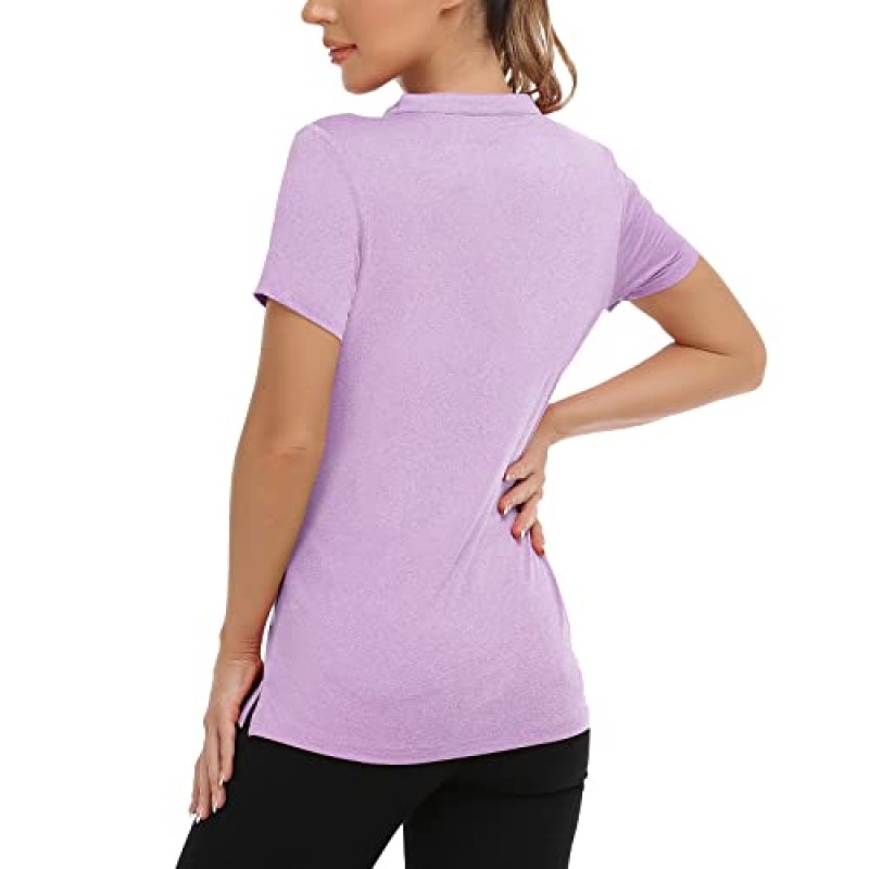 MIER 여성용 노칼라 폴로 셔츠 테니스, 운동용, 경량 V 넥 폴로 티셔츠용 빠른 건조 반팔 골프 셔츠