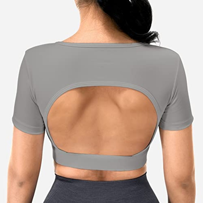 YEOREO Vanessa 여성 오픈 백 티 크롭 탑 탈착식 패드 운동 백리스 체육관 셔츠 브래지어 외출 T 셔츠 탑
