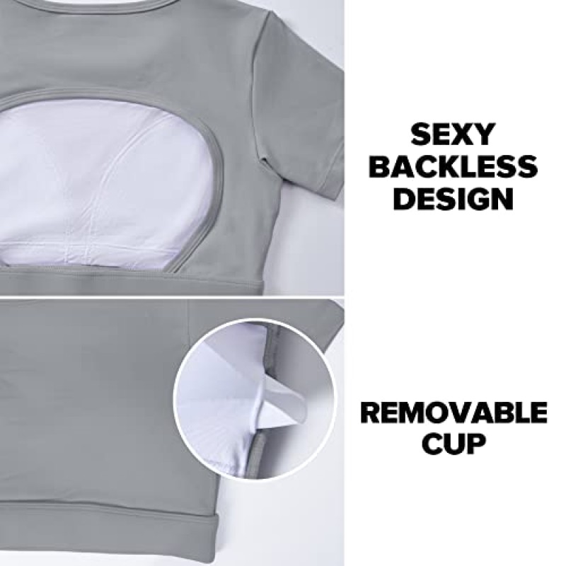 YEOREO Vanessa 여성 오픈 백 티 크롭 탑 탈착식 패드 운동 백리스 체육관 셔츠 브래지어 외출 T 셔츠 탑