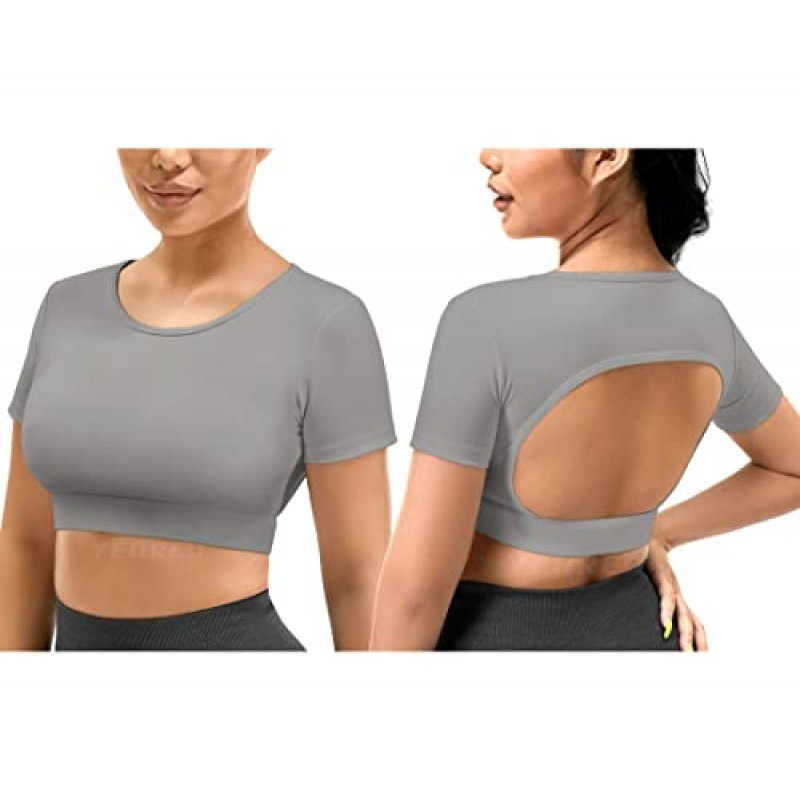 YEOREO Vanessa 여성 오픈 백 티 크롭 탑 탈착식 패드 운동 백리스 체육관 셔츠 브래지어 외출 T 셔츠 탑