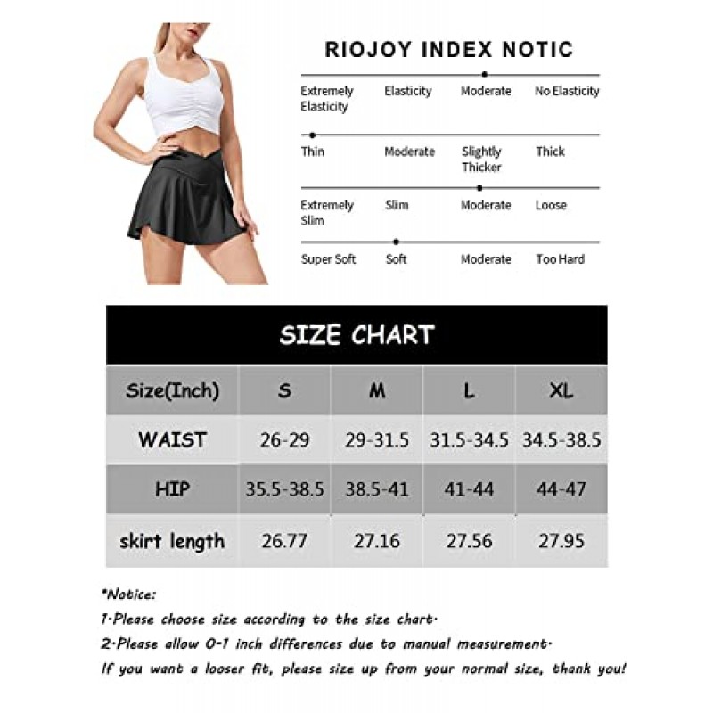 RIOJOY 테니스 스커트 여성용 포켓 내부 반바지 하이 웨이스트 골프 운동 달리기 운동 스포츠 의상