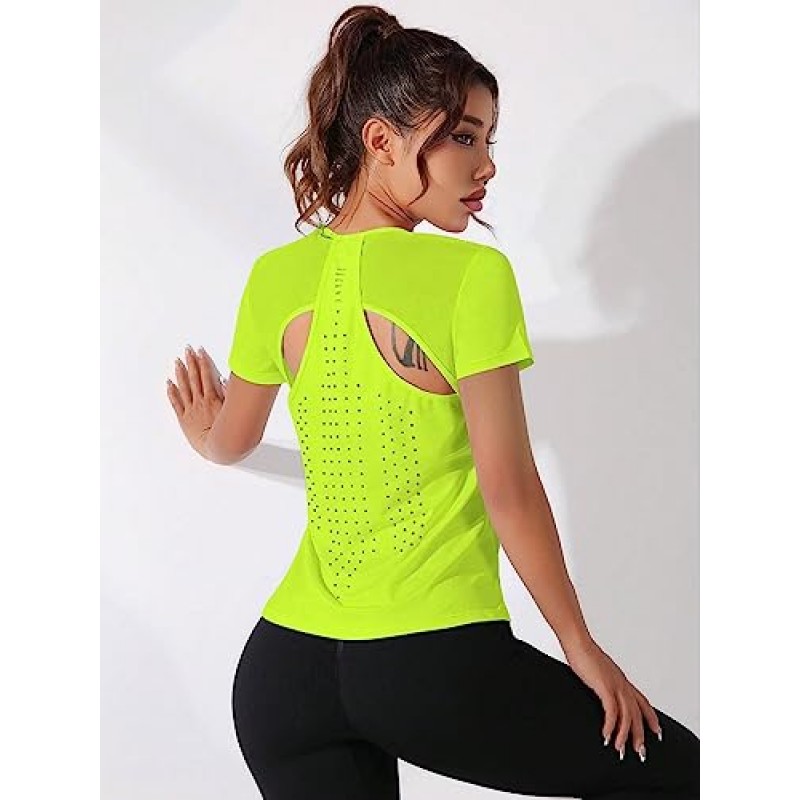 SweatyRocks 여성용 액티브웨어 반팔 라운드 넥 메쉬 티 컷 아웃 스플릿 백 스포츠 T 셔츠