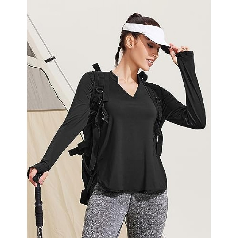 Pinspark 여성용 긴 소매 운동 셔츠 V 넥 하이킹 셔츠 엄지 구멍 야외 체육관 탑 빠른 건조 경량