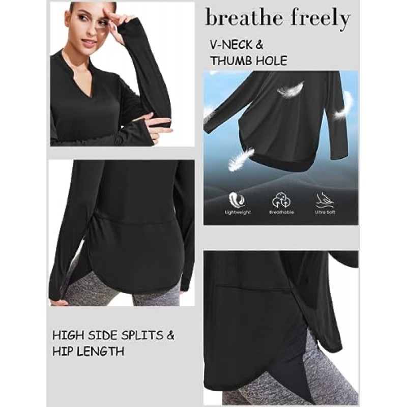 Pinspark 여성용 긴 소매 운동 셔츠 V 넥 하이킹 셔츠 엄지 구멍 야외 체육관 탑 빠른 건조 경량