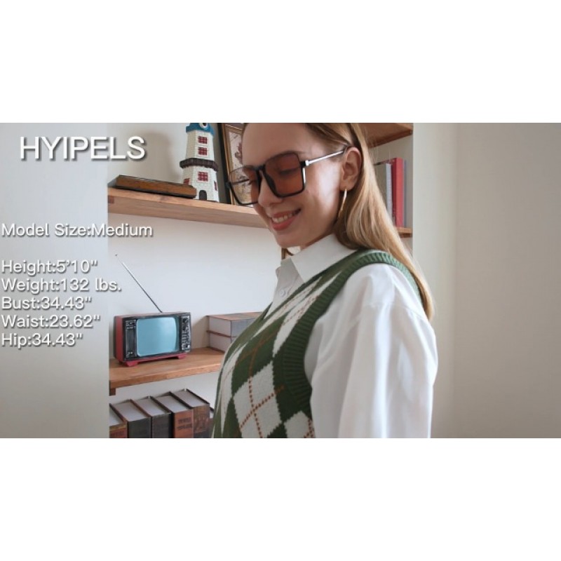 Hyipels 아가일 스웨터 조끼 여성 y2k 격자 무늬 니트 streetwear preppy 스타일 v 넥 자르기 니트 학교 탱크 탑 소녀