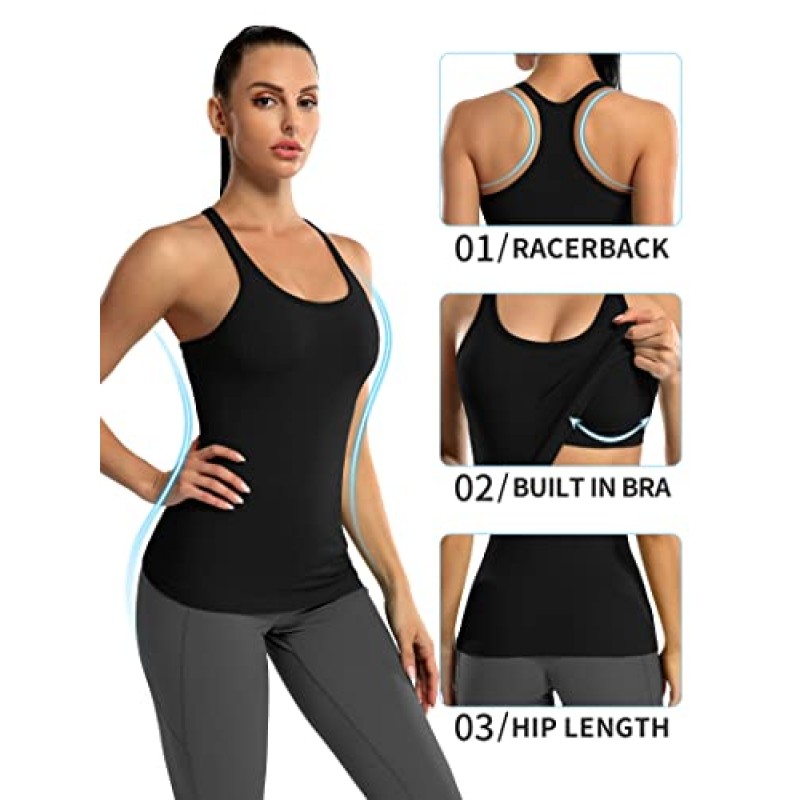 ATTRACO 립 워크아웃 탱크 탑(브라 내장형 레이서백 스쿠프 넥 애슬레틱 탑 포함)