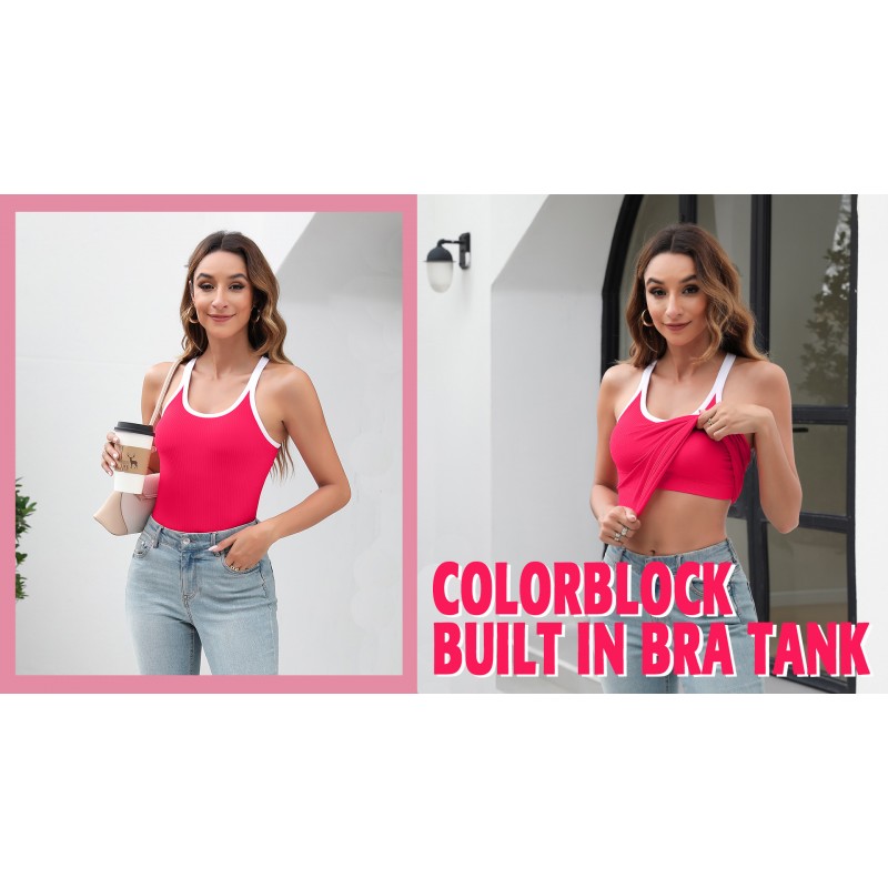 ATTRACO 립 워크아웃 탱크 탑(브라 내장형 레이서백 스쿠프 넥 애슬레틱 탑 포함)