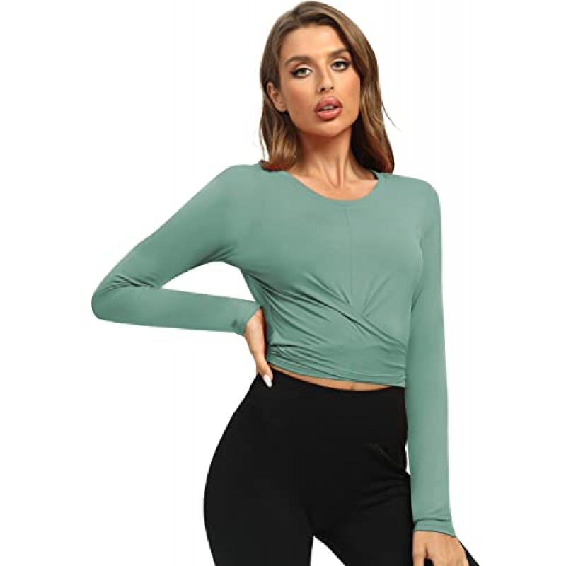 Mippo 운동 탑 여성용 긴 소매 요가 자르기 탑 운동 체육관 셔츠 타이 백 탑