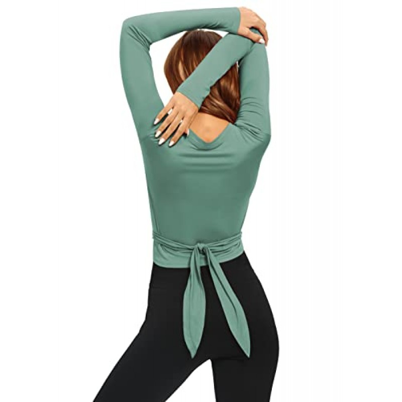 Mippo 운동 탑 여성용 긴 소매 요가 자르기 탑 운동 체육관 셔츠 타이 백 탑