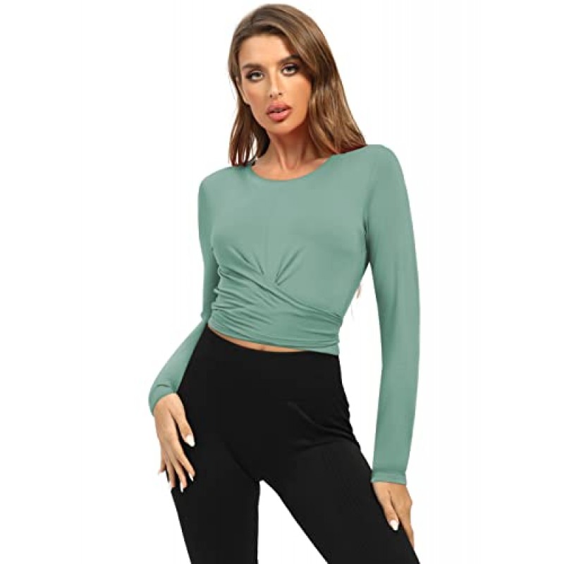 Mippo 운동 탑 여성용 긴 소매 요가 자르기 탑 운동 체육관 셔츠 타이 백 탑
