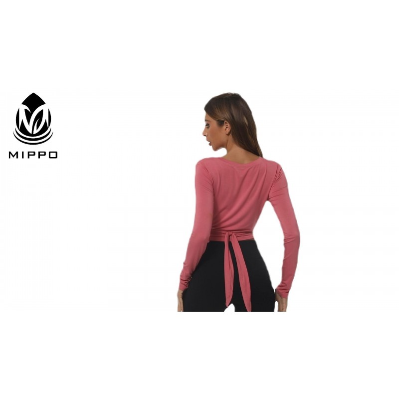 Mippo 운동 탑 여성용 긴 소매 요가 자르기 탑 운동 체육관 셔츠 타이 백 탑