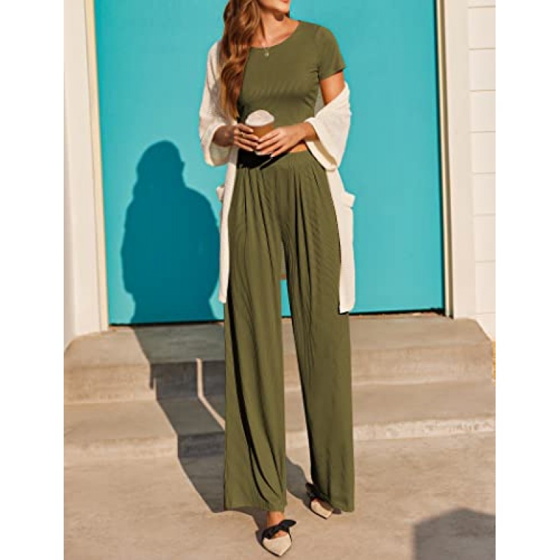 Ekouaer 여성용 2피스 라운지 세트 리브 니트 크롭 탑 포켓이 있는 와이드 레그 팬츠 S-XXL