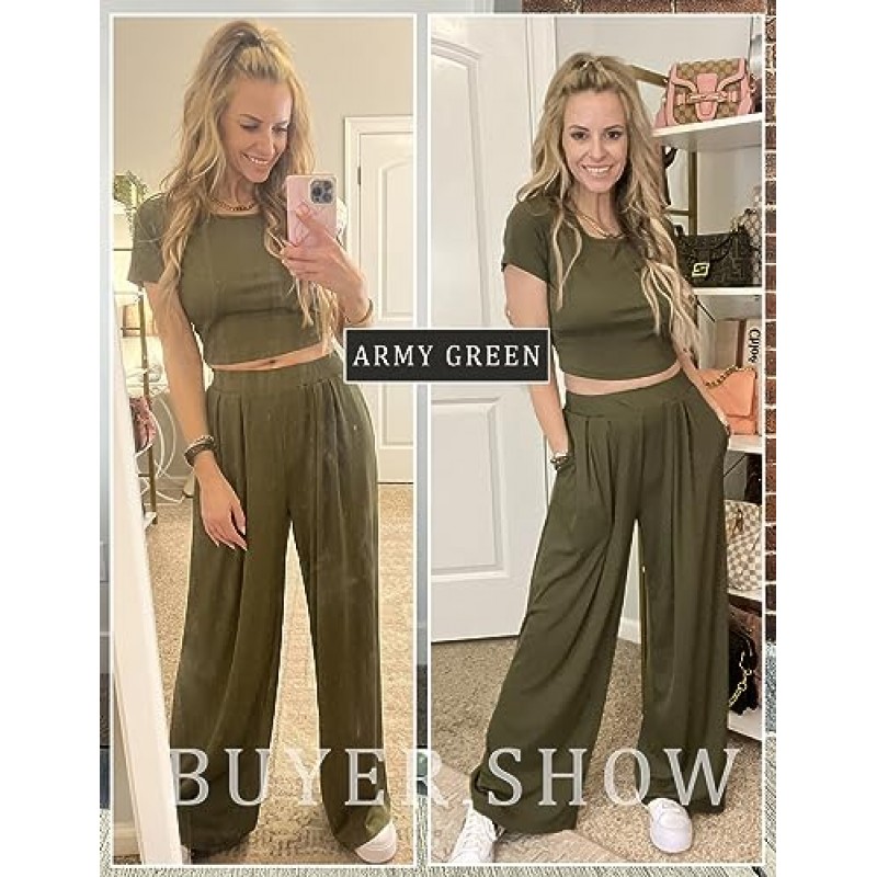 Ekouaer 여성용 2피스 라운지 세트 리브 니트 크롭 탑 포켓이 있는 와이드 레그 팬츠 S-XXL