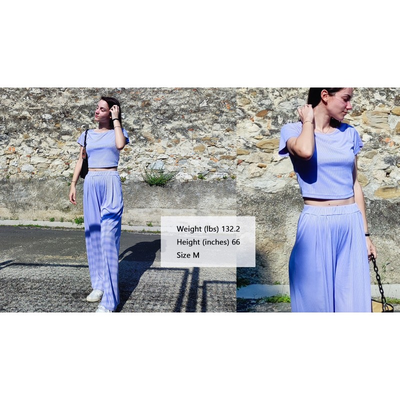 Ekouaer 여성용 2피스 라운지 세트 리브 니트 크롭 탑 포켓이 있는 와이드 레그 팬츠 S-XXL