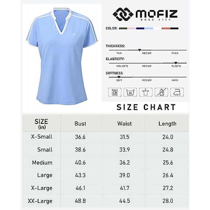 MoFiz 여성용 V 넥 골프 폴로 셔츠 반팔 테니스 셔츠 빠른 건조 자외선 차단 운동상의
