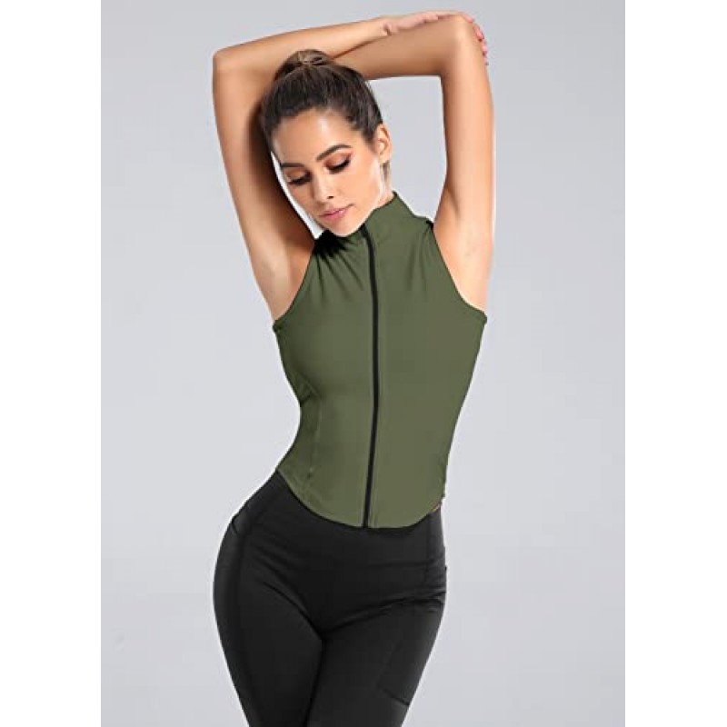 AIEOE 여성용 풀 지퍼 민소매 운동 슬림핏 재킷 러닝 스포츠 트랙 탑 베스트