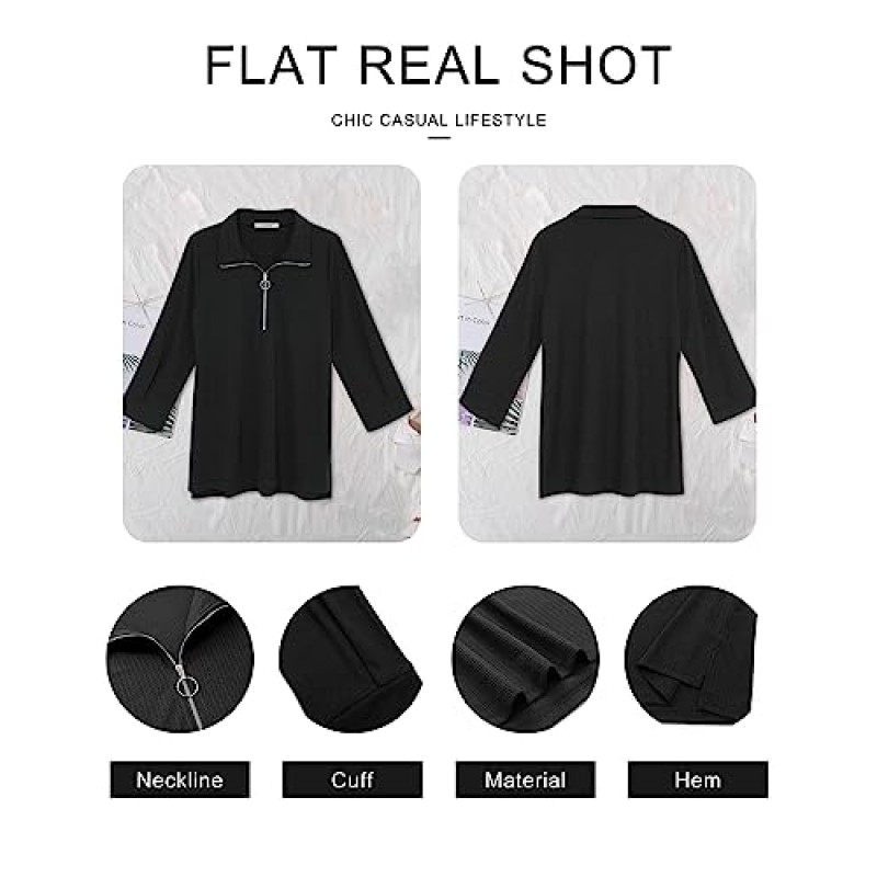 Vivilli Womens Tops Dressy 캐주얼 3/4 길이 소매 V 넥 셔츠 및 블라우스 지퍼 칼라 여성 폴로 셔츠